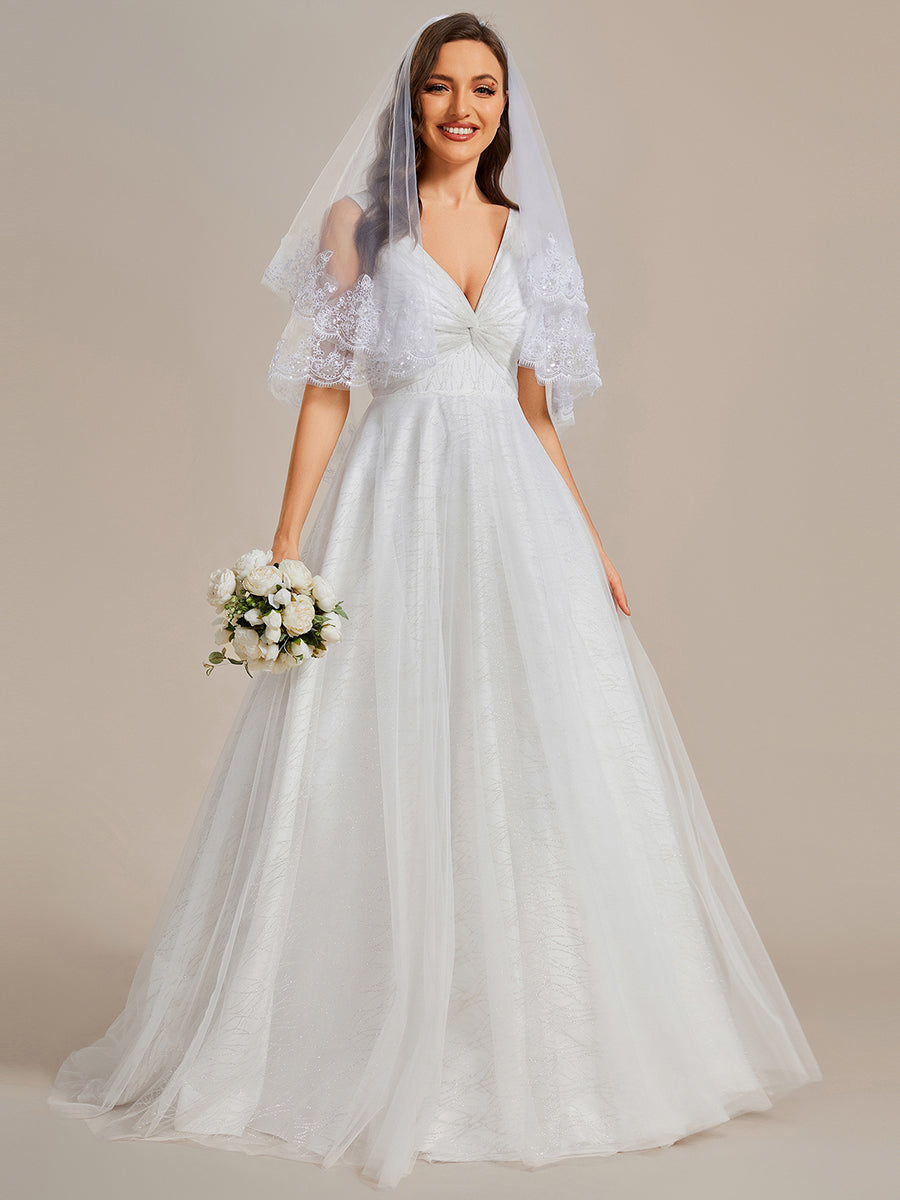 Robe de mariée trapèze classique en tulle plissé pailleté à double col en V avec tra?ne#Couleur_Blanc Robe de mariée trapèze classique en tulle plissé pailleté à double col en V avec