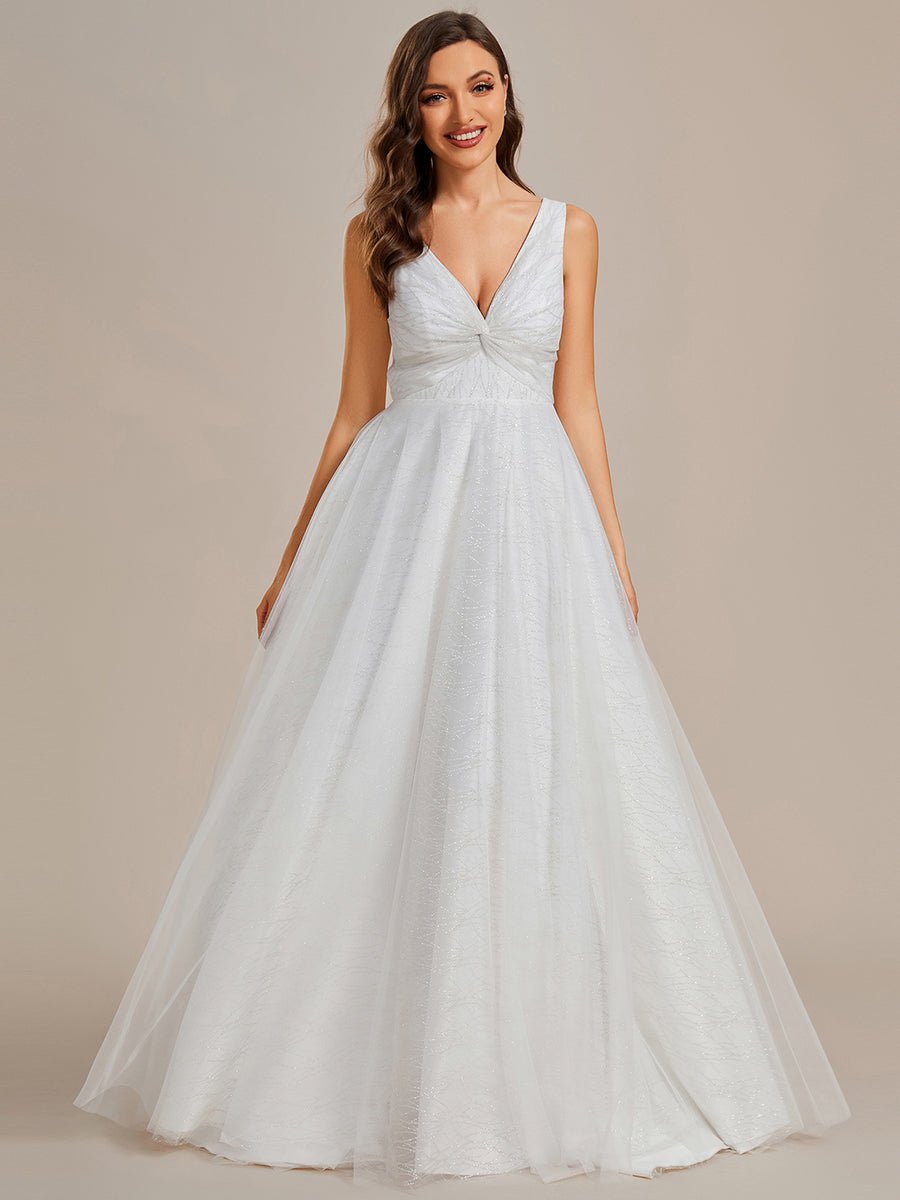 Robe de mariée trapèze classique en tulle plissé pailleté à double col en V avec tra?ne#Couleur_Blanc Robe de mariée trapèze classique en tulle plissé pailleté à double col en V avec