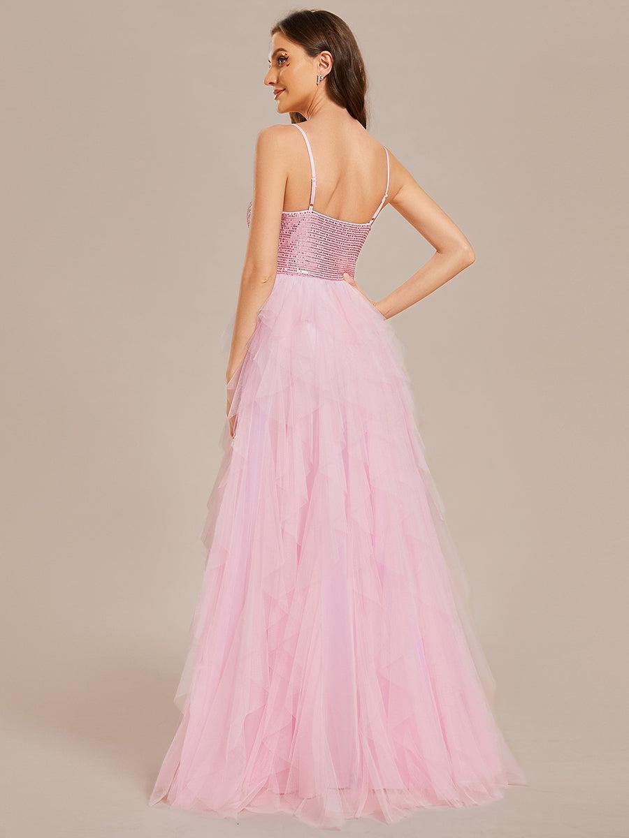 Robe de mariée en tulle scintillante à col en V et bretelles spaghetti #Couleur_Blanc Robe de mariée en tulle scintillante à col en V et bretelles spaghetti