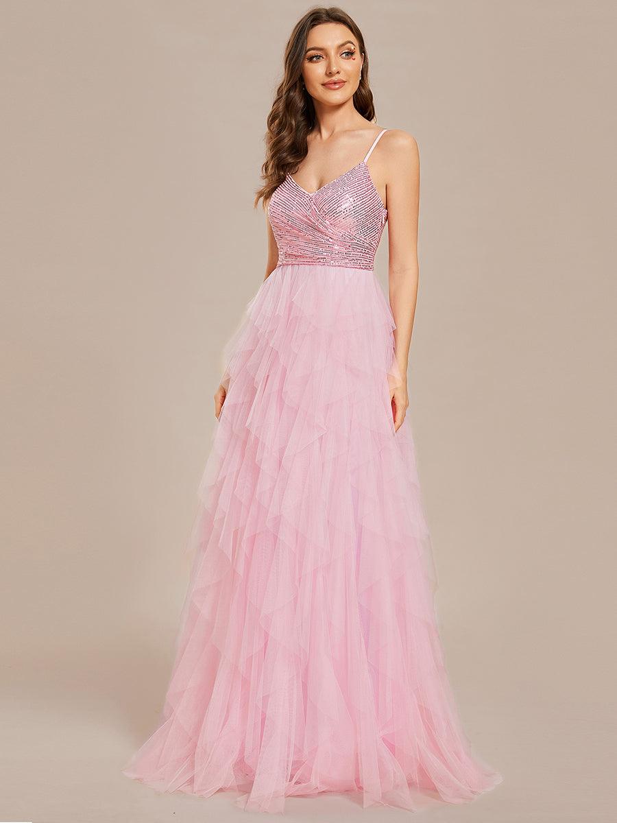 Robe de mariée en tulle scintillante à col en V et bretelles spaghetti #Couleur_Blanc Robe de mariée en tulle scintillante à col en V et bretelles spaghetti