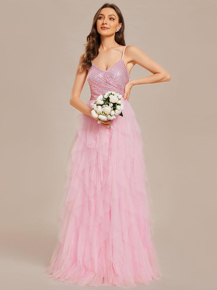 Robe de mariée en tulle scintillante à col en V et bretelles spaghetti #Couleur_Blanc Robe de mariée en tulle scintillante à col en V et bretelles spaghetti