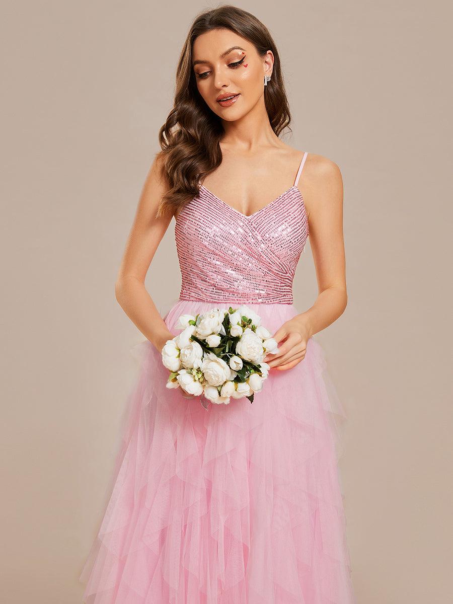 Robe de mariée en tulle scintillante à col en V et bretelles spaghetti #Couleur_Blanc Robe de mariée en tulle scintillante à col en V et bretelles spaghetti