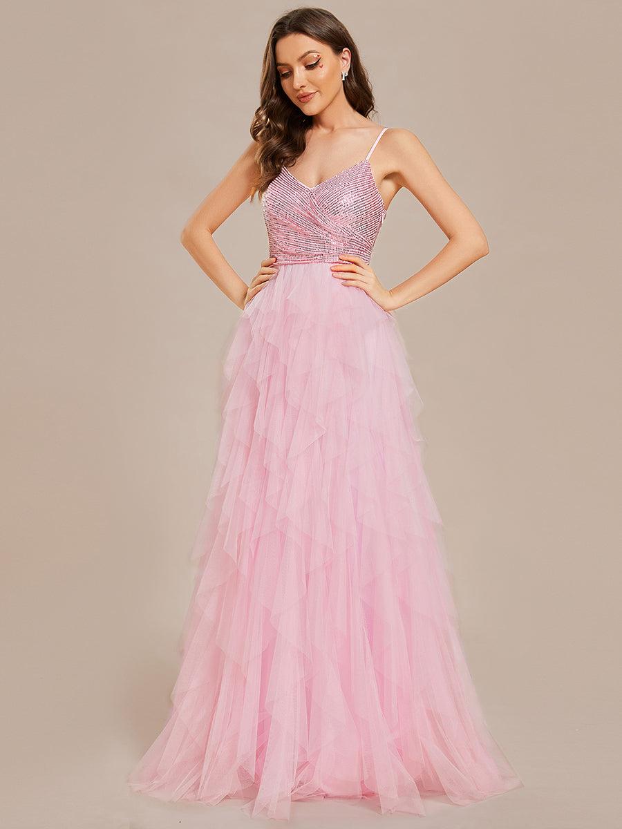 Robe de mariée en tulle scintillante à col en V et bretelles spaghetti #Couleur_Blanc Robe de mariée en tulle scintillante à col en V et bretelles spaghetti