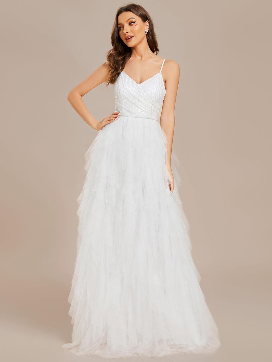 Robe de mariée en tulle scintillante à col en V et bretelles spaghetti #Couleur_Blanc Robe de mariée en tulle scintillante à col en V et bretelles spaghetti