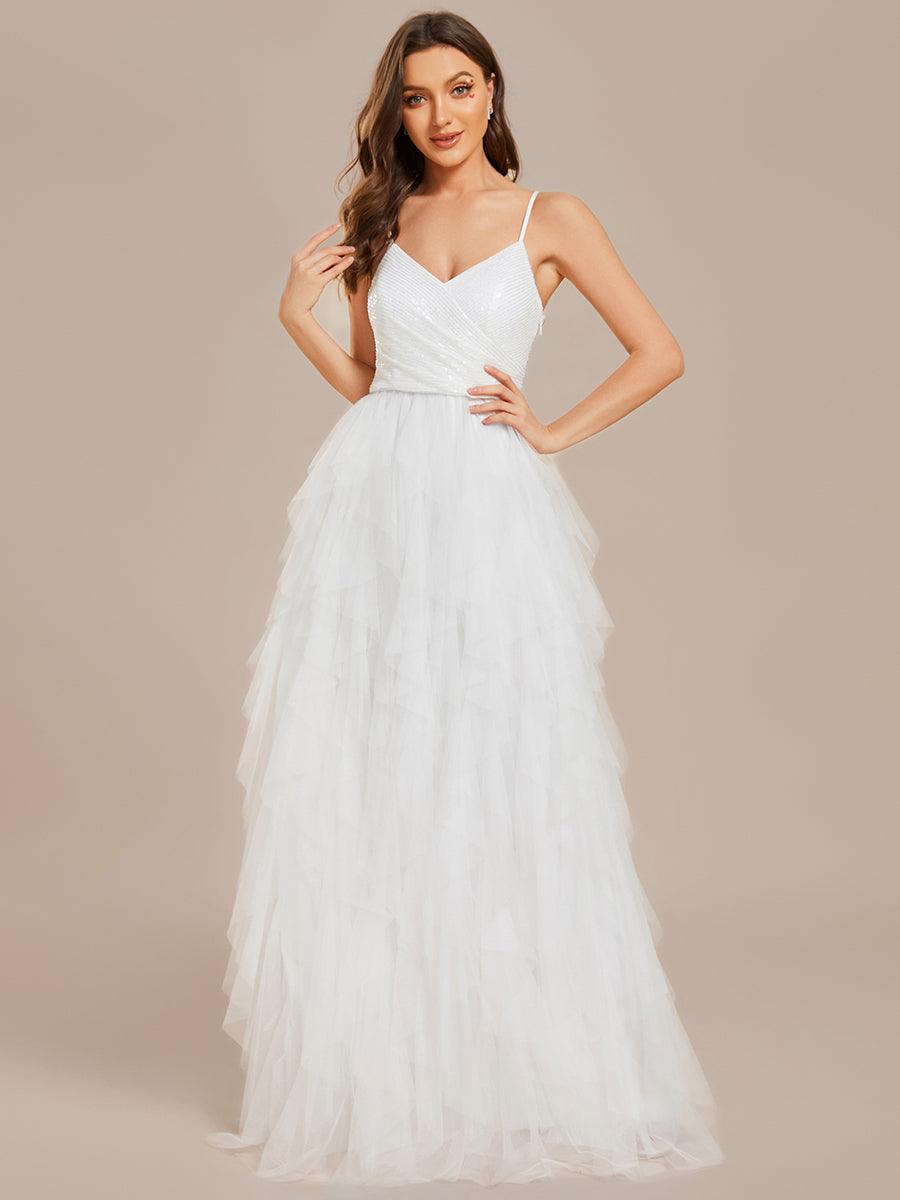 Robe de mariée en tulle scintillante à col en V et bretelles spaghetti #Couleur_Blanc Robe de mariée en tulle scintillante à col en V et bretelles spaghetti