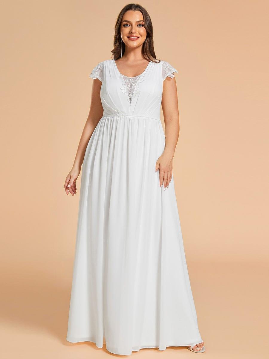 Robes de mariée grande taille à col en V et en mousseline plissée à manches courtes #Couleur_Blanc