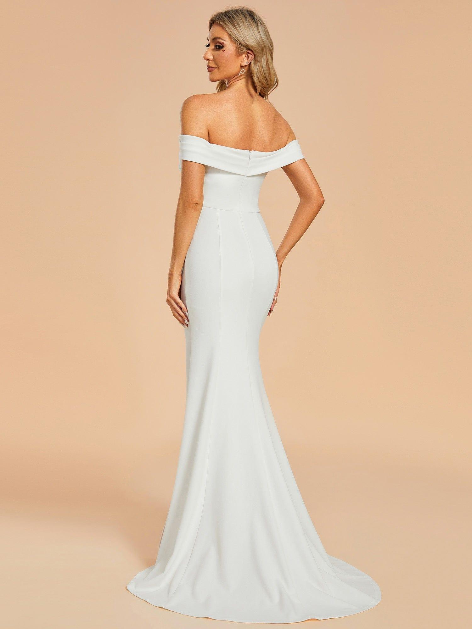 Robe de mariée sirène plissée à épaules dénudées et fente haute #Couleur_Blanc
