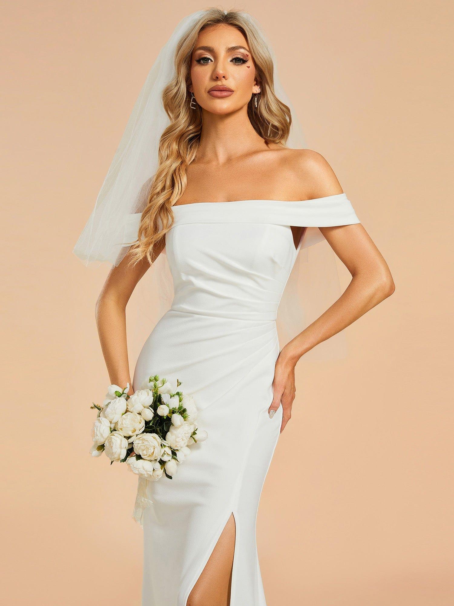 Robe de mariée sirène plissée à épaules dénudées et fente haute #Couleur_Blanc