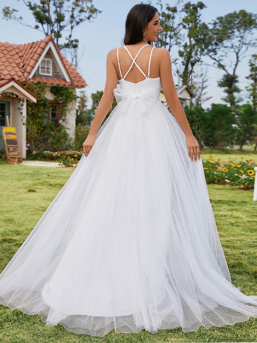Robe de mariée trapèze avec nœud papillon au dos et bretelles spaghetti avec col en V #Couleur_Blanc