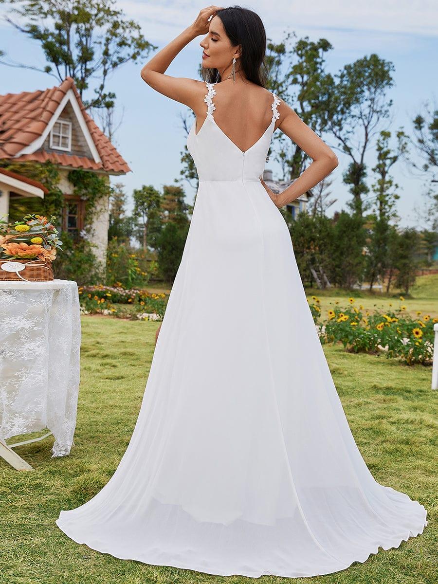 Robes de mariée en mousseline de soie, imprimé floral, bretelles, col en V, fente haute, bretelles spaghetti #Couleur_Blanc