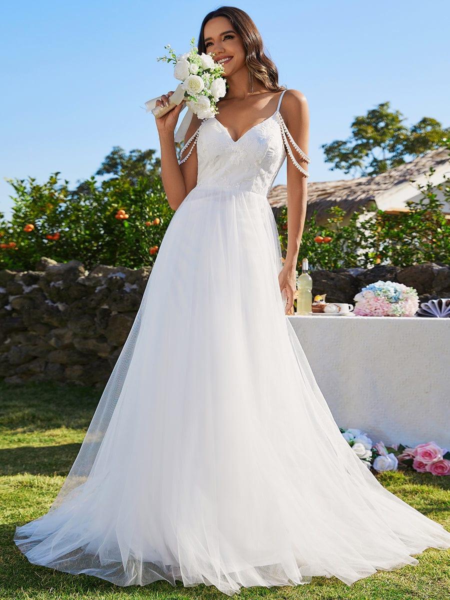 Robe de mariée brodée à col en V et bretelles perlées avec ligne A #Couleur_Blanc