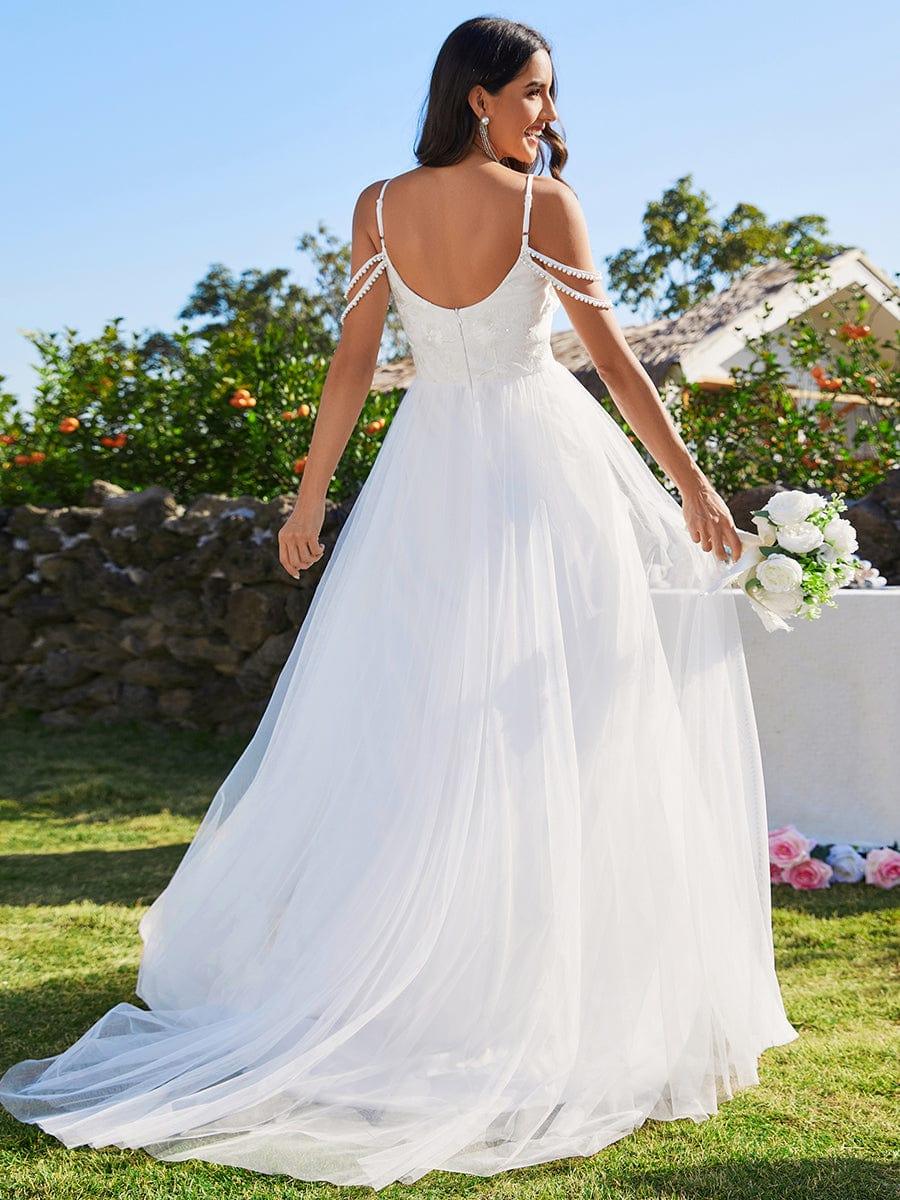 Robe de mariée brodée à col en V et bretelles perlées avec ligne A #Couleur_Blanc