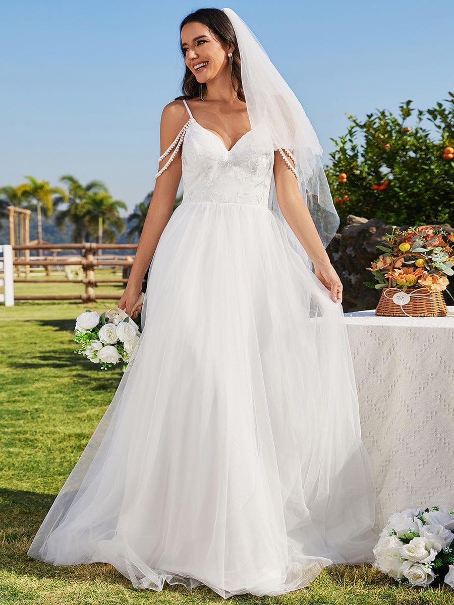 Robe de mariée brodée à col en V et bretelles perlées avec ligne A #Couleur_Blanc