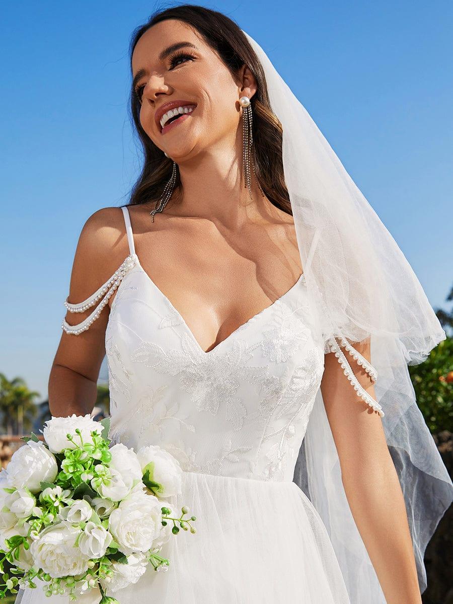 Robe de mariée brodée à col en V et bretelles perlées avec ligne A #Couleur_Blanc