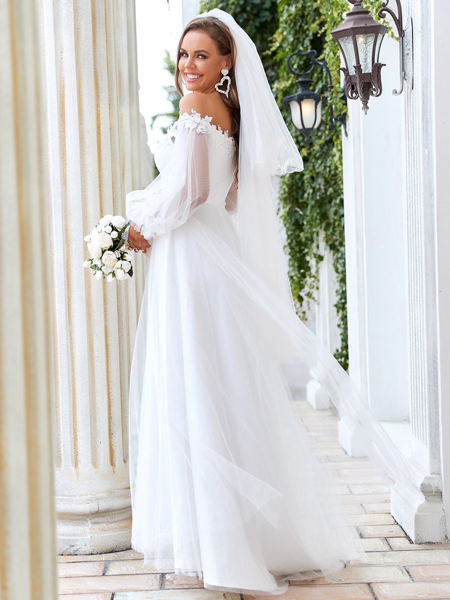 Taille personnalisée superbe robe de mariée à épaules dénudées et à encolure en V #couleur_Creme Taille personnalisée superbe robe de mariée à épaules dénudées et à encolure en V