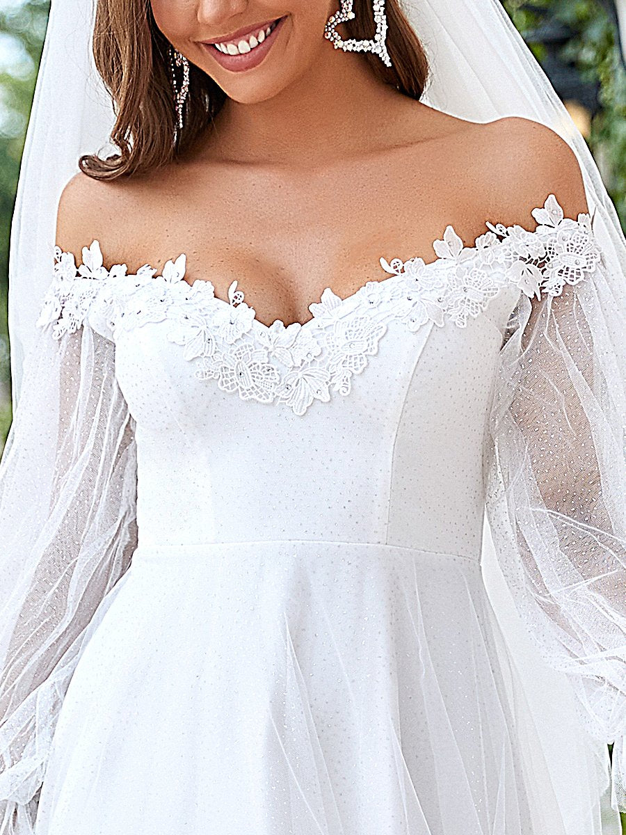 Taille personnalisée superbe robe de mariée à épaules dénudées et à encolure en V #couleur_Creme Taille personnalisée superbe robe de mariée à épaules dénudées et à encolure en V