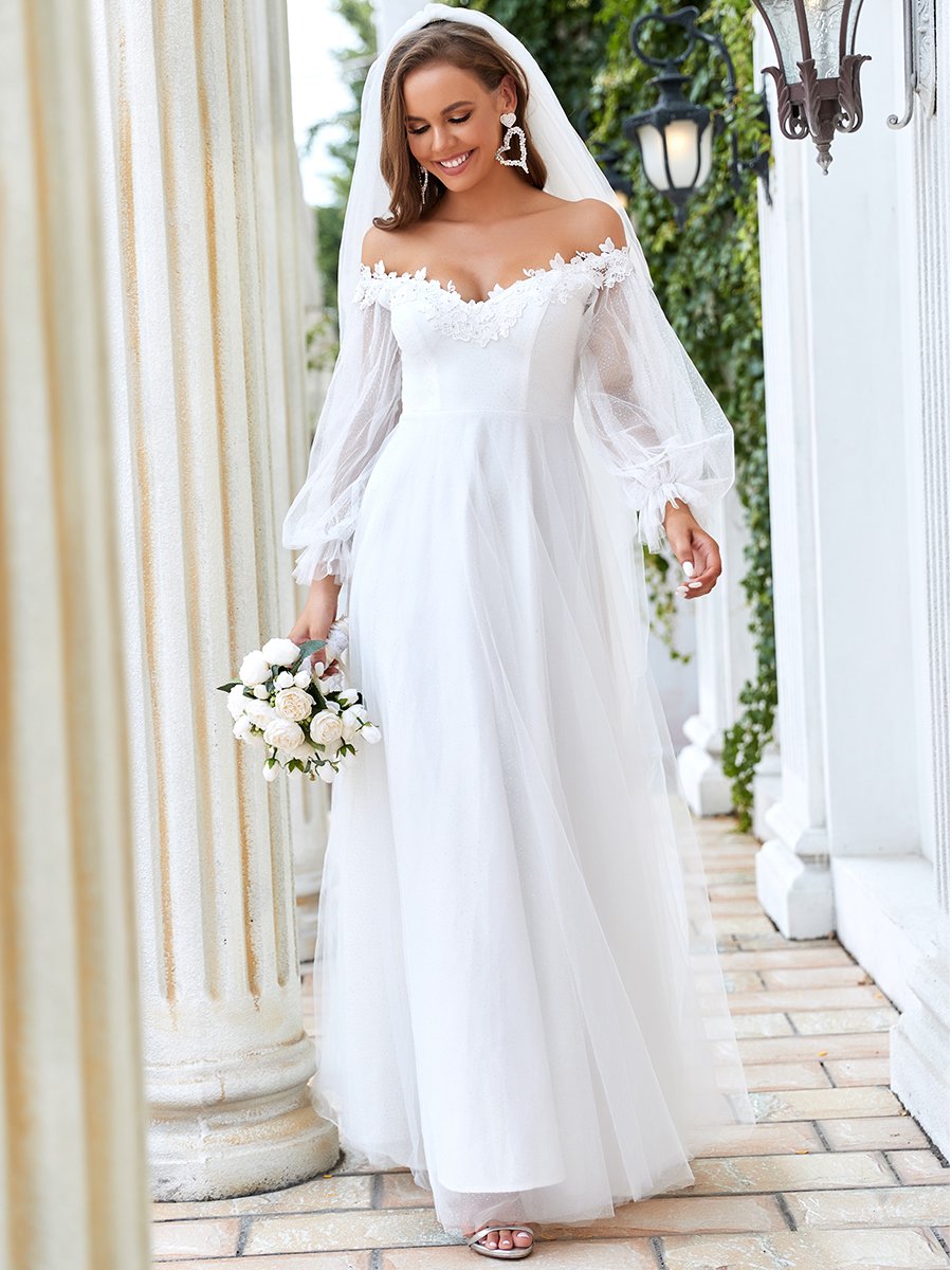 Taille personnalisée superbe robe de mariée à épaules dénudées et à encolure en V #couleur_Creme Taille personnalisée superbe robe de mariée à épaules dénudées et à encolure en V