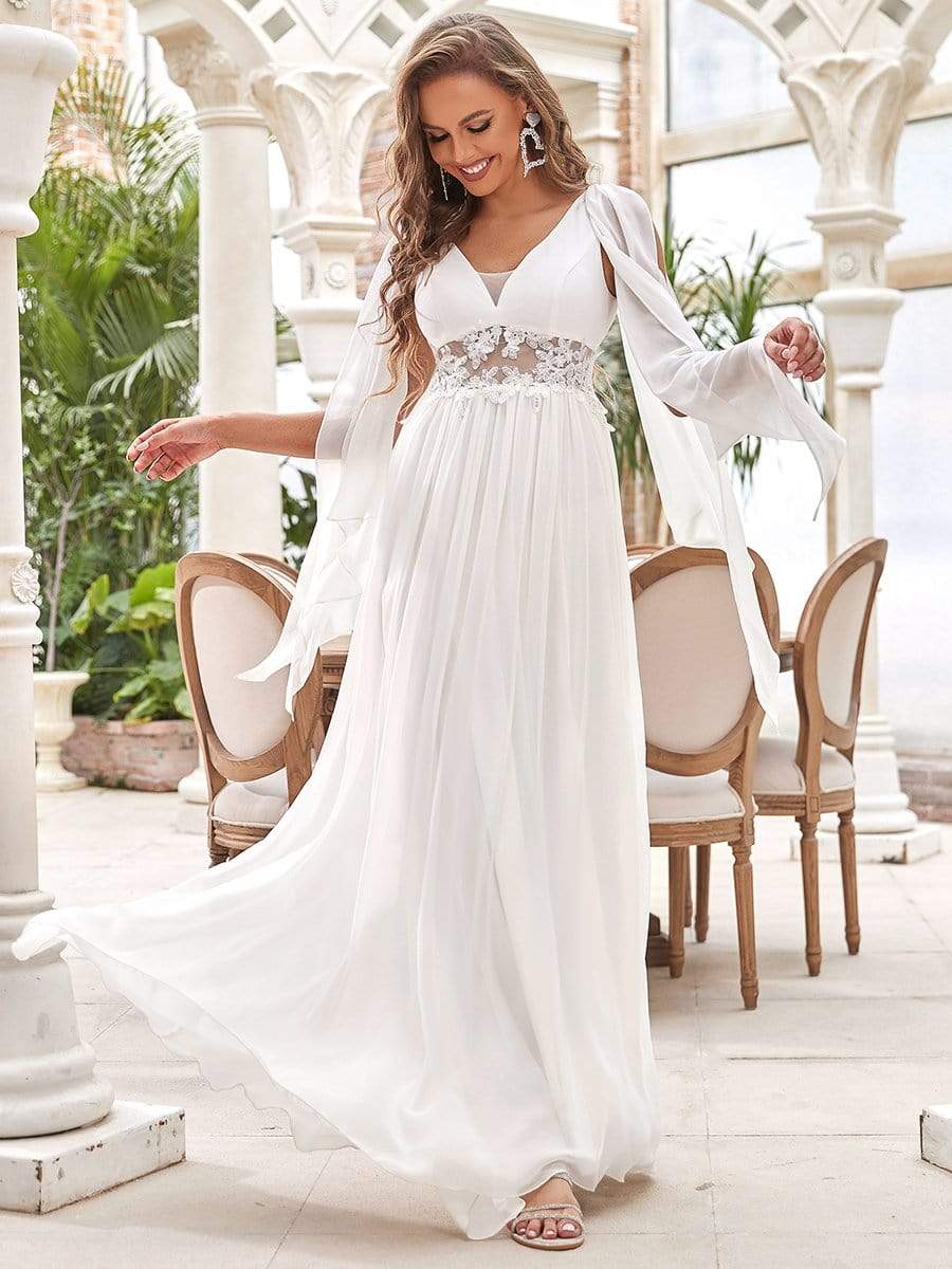 Taille personnalisée robe de mariée longue fendue avec appliques à col en V profond #couleur_Creme Taille personnalisée robe de mariée longue fendue avec appliques à col en V profond