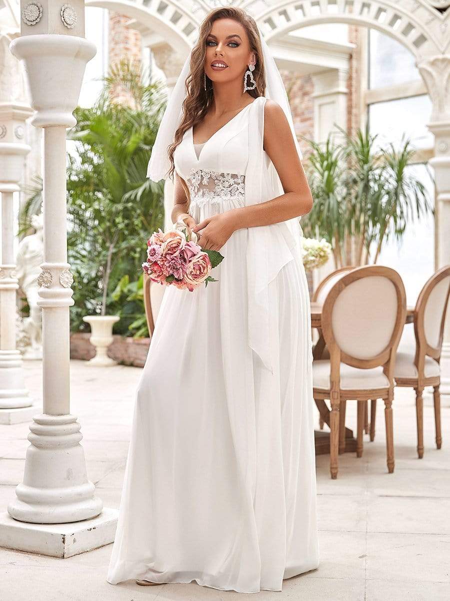 Taille personnalisée robe de mariée longue fendue avec appliques à col en V profond #couleur_Creme Taille personnalisée robe de mariée longue fendue avec appliques à col en V profond