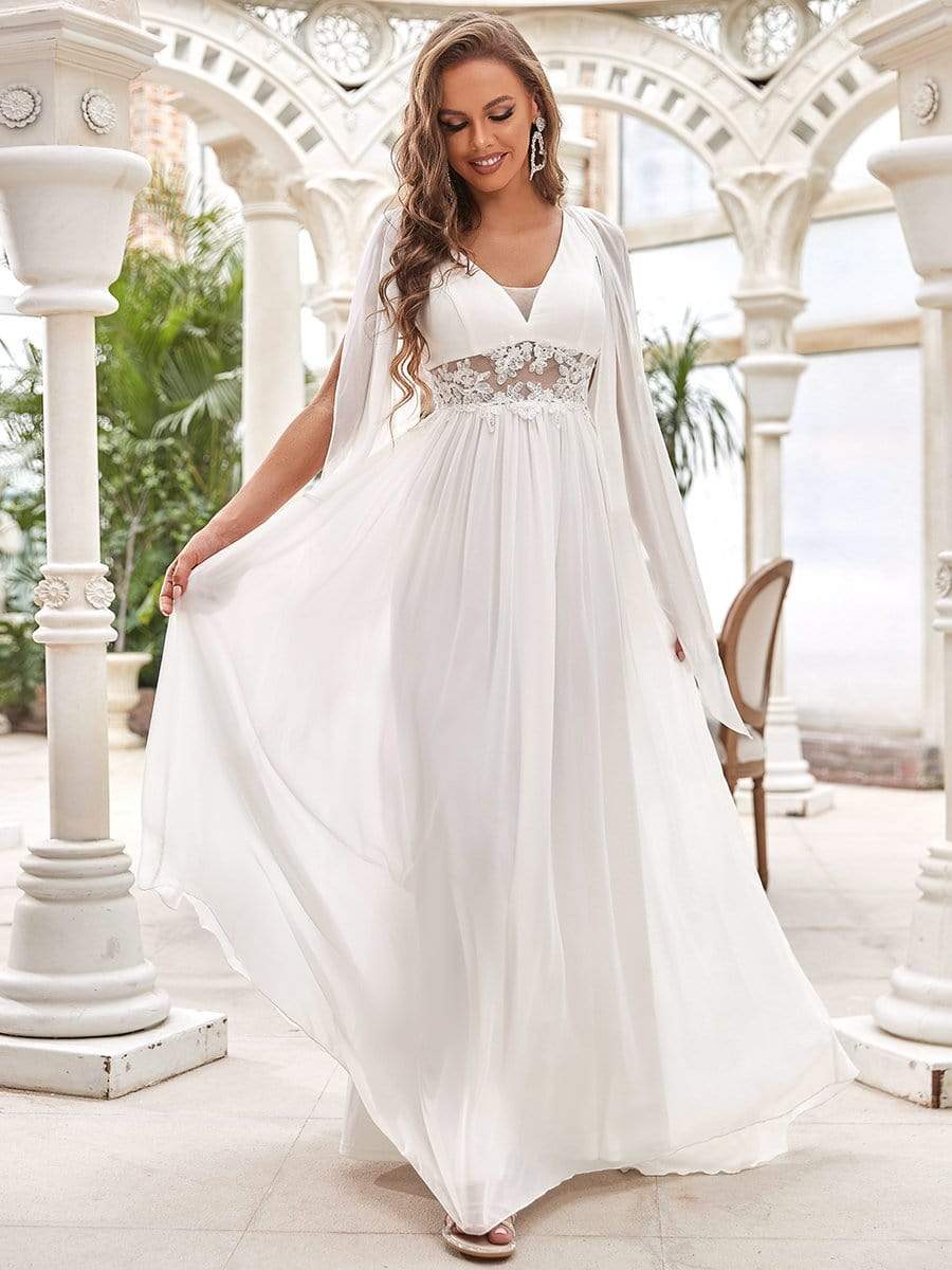 Taille personnalisée robe de mariée longue fendue avec appliques à col en V profond #couleur_Creme Taille personnalisée robe de mariée longue fendue avec appliques à col en V profond