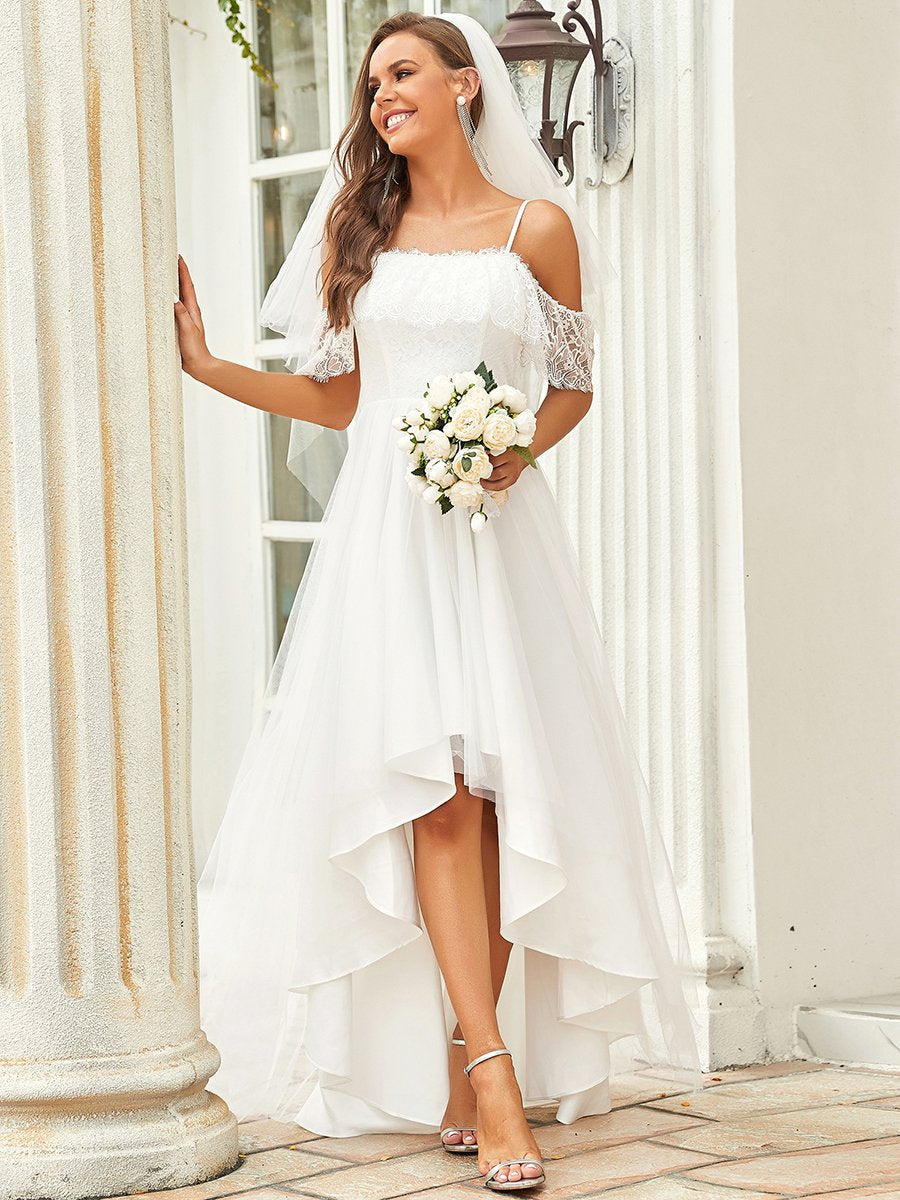 Taille Personnalisée Bretelles Spaghetti épaule Froide Robe De Mariée En Dentelle Haute Basse #couleur_Creme Taille Personnalisée Bretelles Spaghetti épaule Froide Robe De Mariée En Dentelle Haute Basse