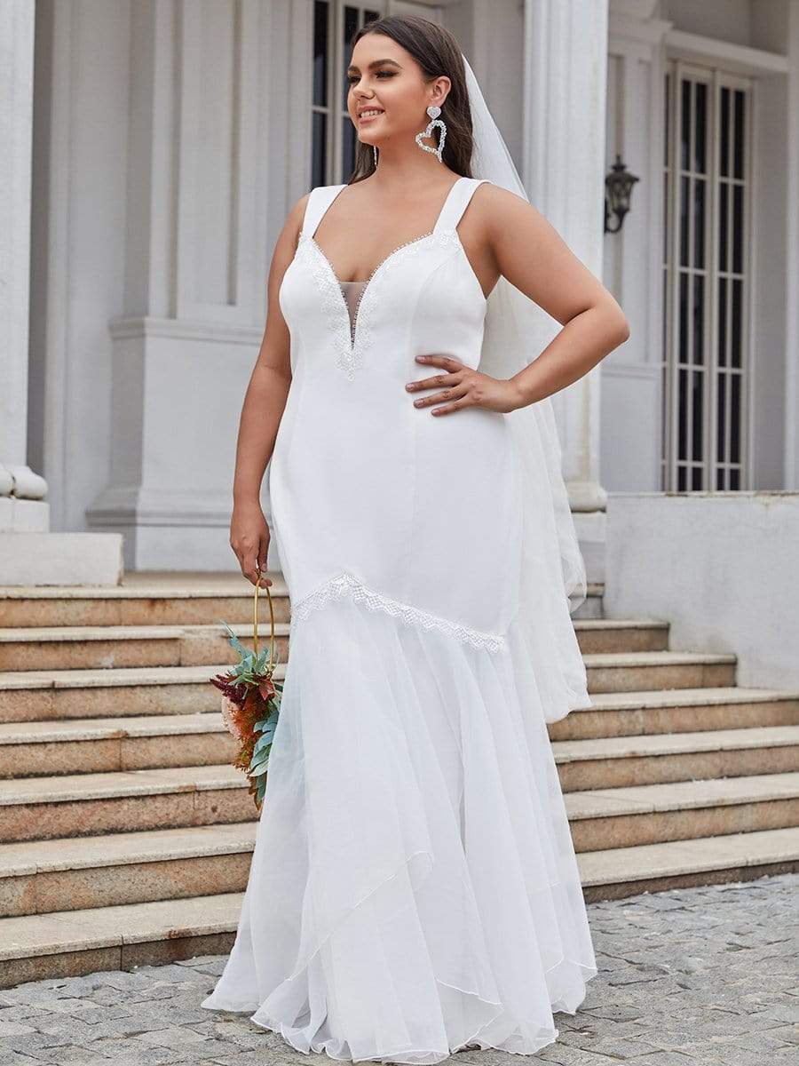 Robe de mariée en queue de poisson sans manches à col en V de grande taille #Couleur_Creme Robe de mariée en queue de poisson sans manches à col en V de grande taille