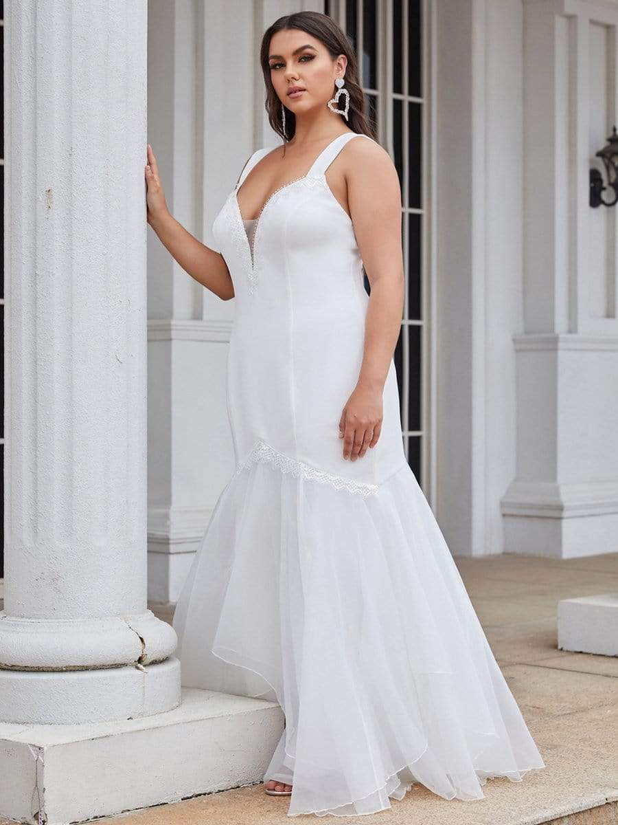 Robe de mariée en queue de poisson sans manches à col en V de grande taille #Couleur_Creme Robe de mariée en queue de poisson sans manches à col en V de grande taille