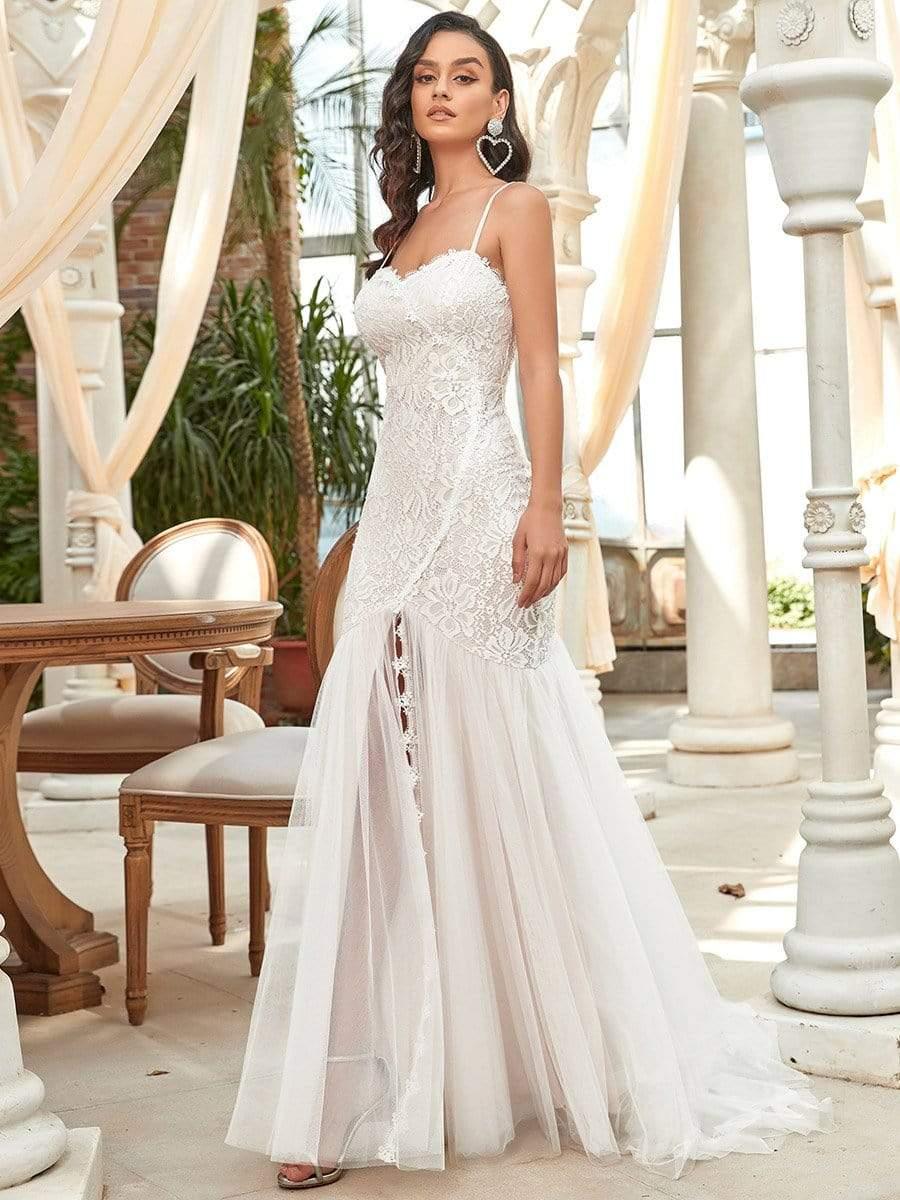 Taille personnalisée robe de mariée sirène à bretelles spaghetti chérie #couleur_Creme Taille personnalisée robe de mariée sirène à bretelles spaghetti chérie