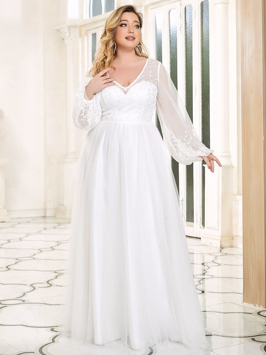 Color=Blanc | robe de mariée longueur au sol avec appliques à manches longues-Blanc 8