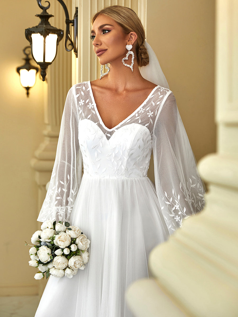 Color=Blanc | robe de mariée longueur au sol avec appliques à manches longues-Blanc 4