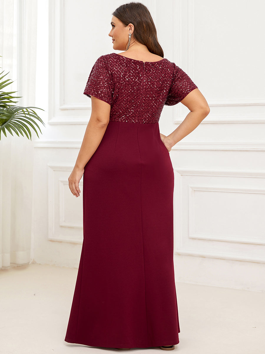 Robe mère de la mariée Manches courtes et sequins grande taille #Couleur_Bordeaux Robe mère de la mariée Manches courtes et sequins grande taille
