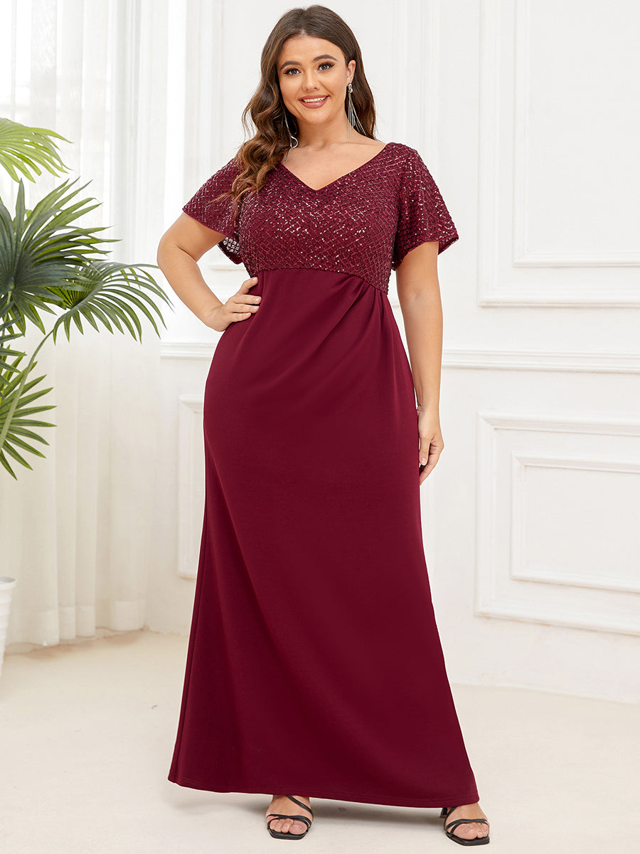 Robe mère de la mariée Manches courtes et sequins grande taille #Couleur_Bordeaux Robe mère de la mariée Manches courtes et sequins grande taille
