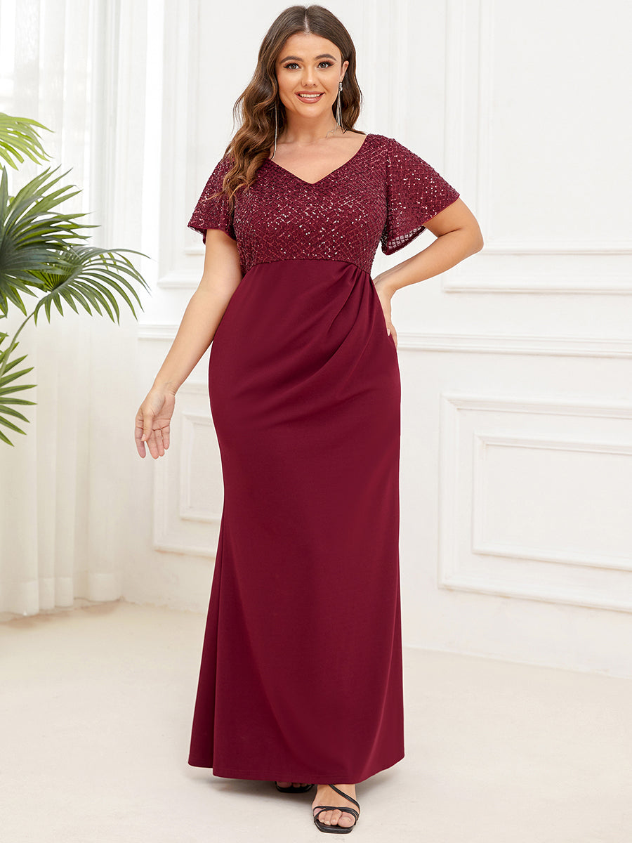 Robe mère de la mariée Manches courtes et sequins grande taille #Couleur_Bordeaux Robe mère de la mariée Manches courtes et sequins grande taille