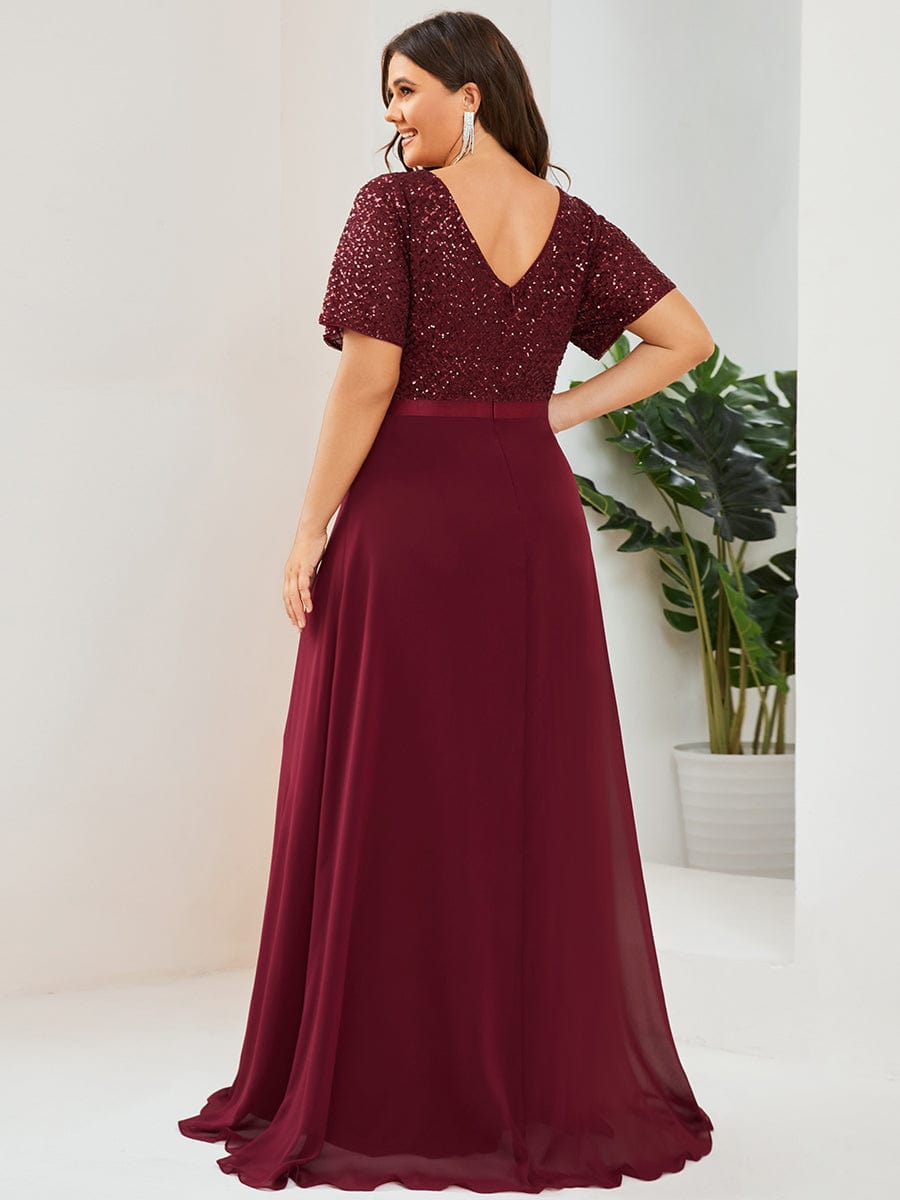 Robe Mère de la mariée Mousseline Manches courtes Sequins Grande taille #Couleur_Bordeaux Robe Mère de la mariée Mousseline Manches courtes Sequins Grande taille