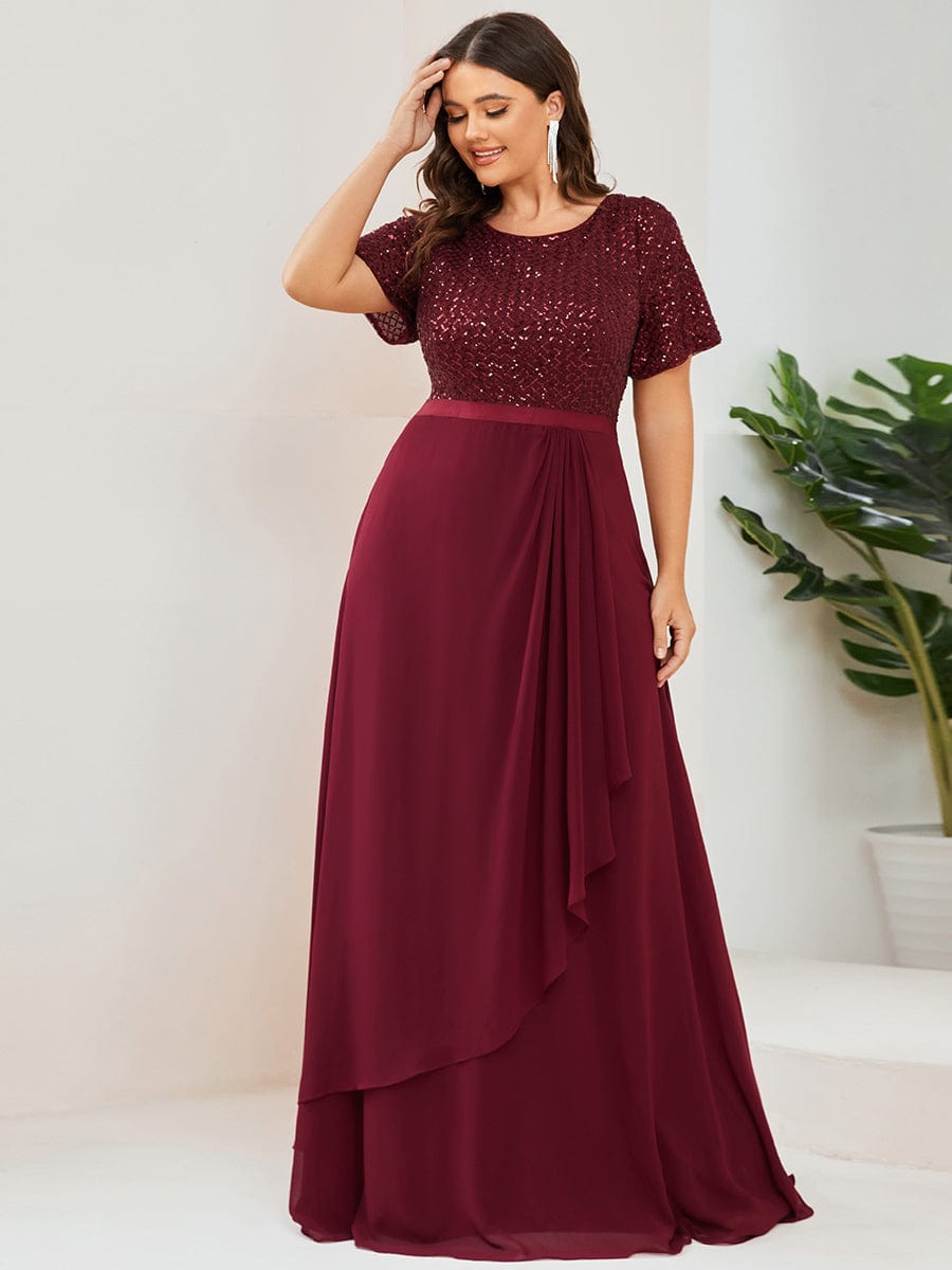 Robe Mère de la mariée Mousseline Manches courtes Sequins Grande taille #Couleur_Bordeaux Robe Mère de la mariée Mousseline Manches courtes Sequins Grande taille
