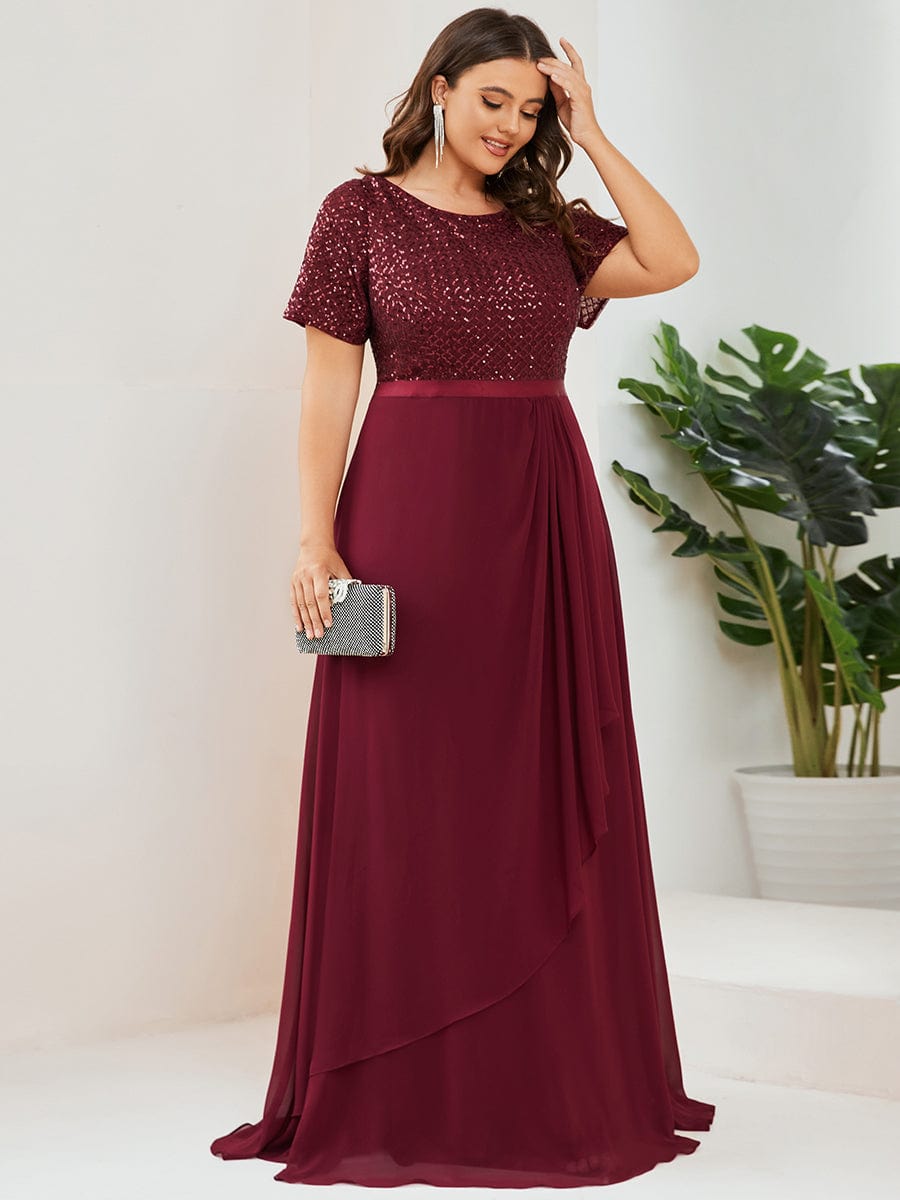 Robe Mère de la mariée Mousseline Manches courtes Sequins Grande taille #Couleur_Bordeaux Robe Mère de la mariée Mousseline Manches courtes Sequins Grande taille
