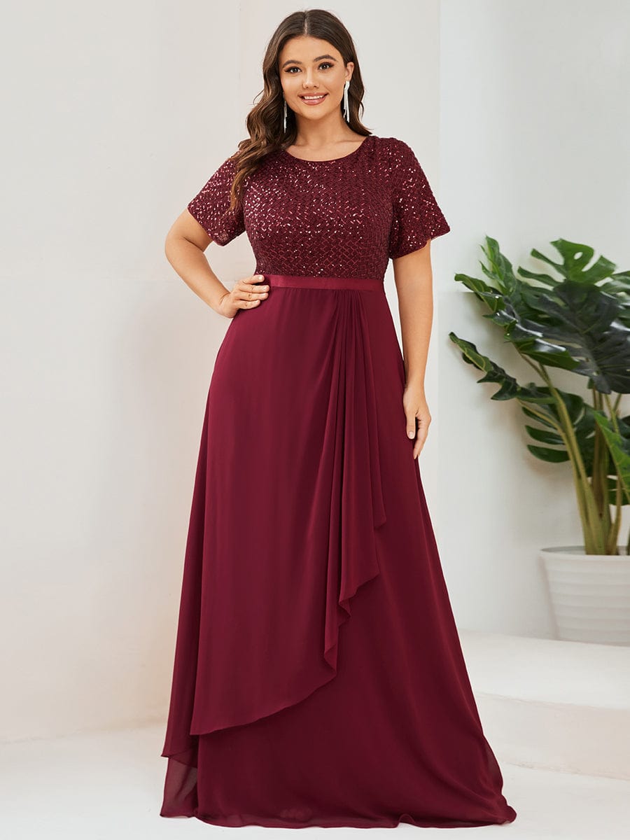 Robe Mère de la mariée Mousseline Manches courtes Sequins Grande taille #Couleur_Bordeaux Robe Mère de la mariée Mousseline Manches courtes Sequins Grande taille
