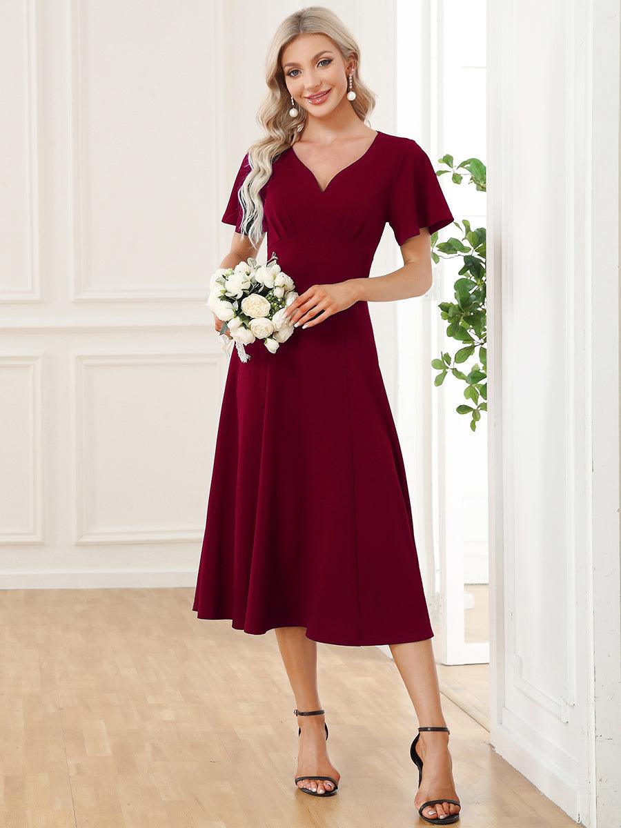 Robe Mère de la Mariée mi-longue à encolure en V et manches courtes #Couleur_Bleu Marine Robe Mère de la Mariée mi-longue à encolure en V et manches courtes