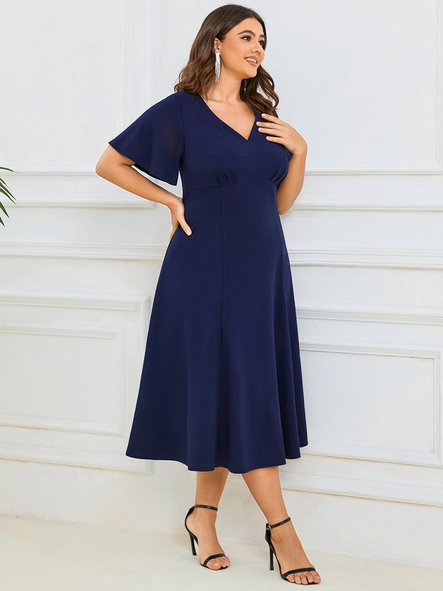 Robe Mère de la Mariée Mi-Longue Élégante Manches Courtes Grande Taille #Couleur_Bleu Marine Robe Mère de la Mariée Mi-Longue Élégante Manches Courtes Grande Taille