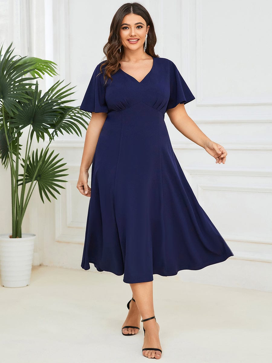 Robe Mère de la Mariée Mi-Longue Élégante Manches Courtes Grande Taille #Couleur_Bleu Marine Robe Mère de la Mariée Mi-Longue Élégante Manches Courtes Grande Taille