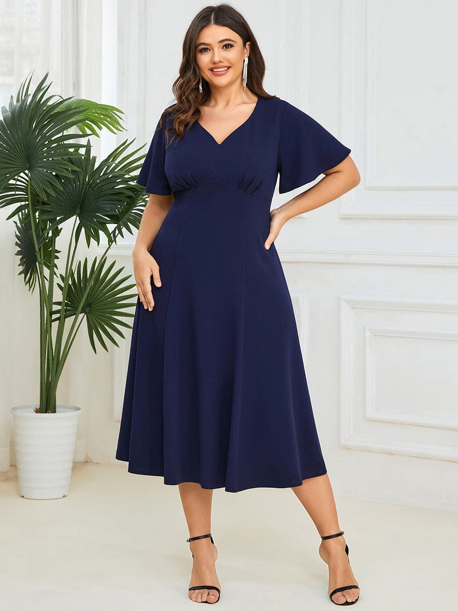 Robe Mère de la Mariée Mi-Longue Élégante Manches Courtes Grande Taille #Couleur_Bleu Marine Robe Mère de la Mariée Mi-Longue Élégante Manches Courtes Grande Taille