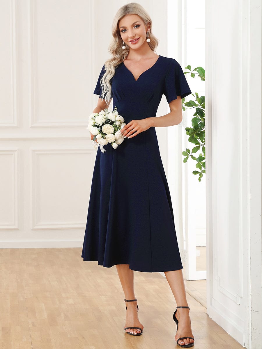Robe Mère de la Mariée mi-longue à encolure en V et manches courtes #Couleur_Bleu Marine Robe Mère de la Mariée mi-longue à encolure en V et manches courtes