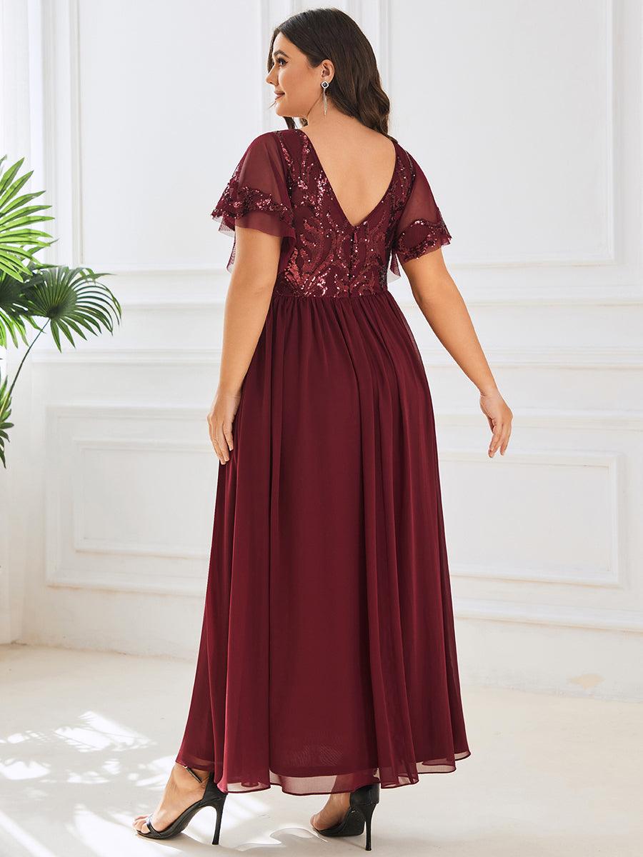 Robe Mère de la Mariée Col en V Manches Courtes Corsage à Paillettes Grande Taille #Couleur_Bordeaux