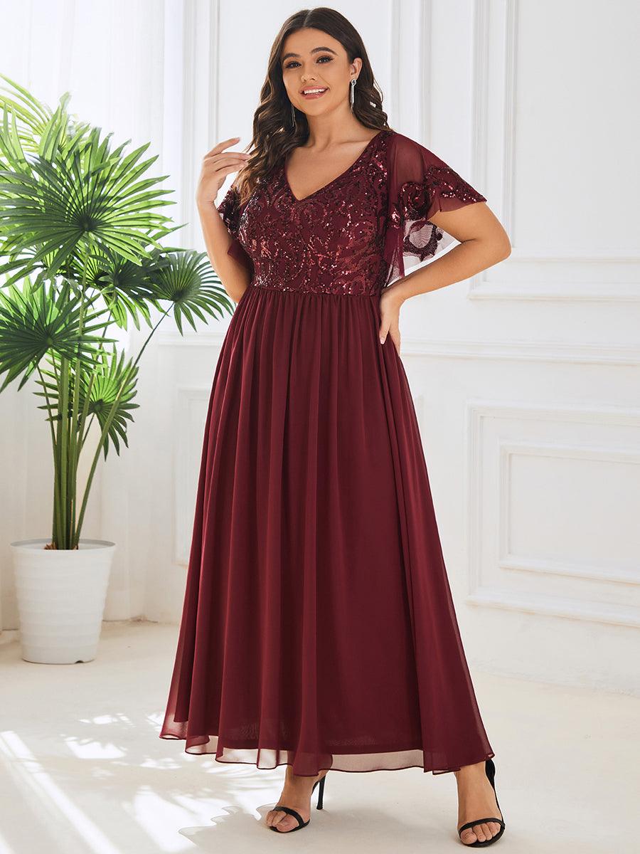 Robe Mère de la Mariée Col en V Manches Courtes Corsage à Paillettes Grande Taille #Couleur_Bordeaux