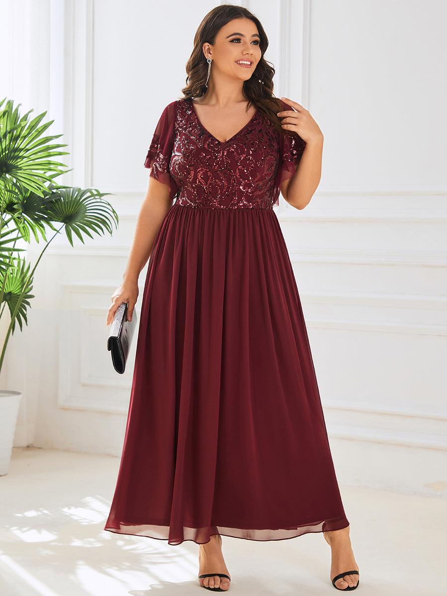 Robe Mère de la Mariée Col en V Manches Courtes Corsage à Paillettes Grande Taille #Couleur_Bordeaux Robe Mère de la Mariée Col en V Manches Courtes Corsage à Paillettes Grande Taille