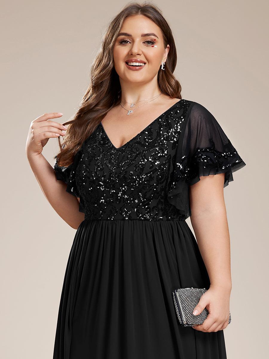 Robe Mère de la Mariée Col en V Manches Courtes Corsage à Paillettes Grande Taille #Couleur_Bordeaux Robe Mère de la Mariée Col en V Manches Courtes Corsage à Paillettes Grande Taille