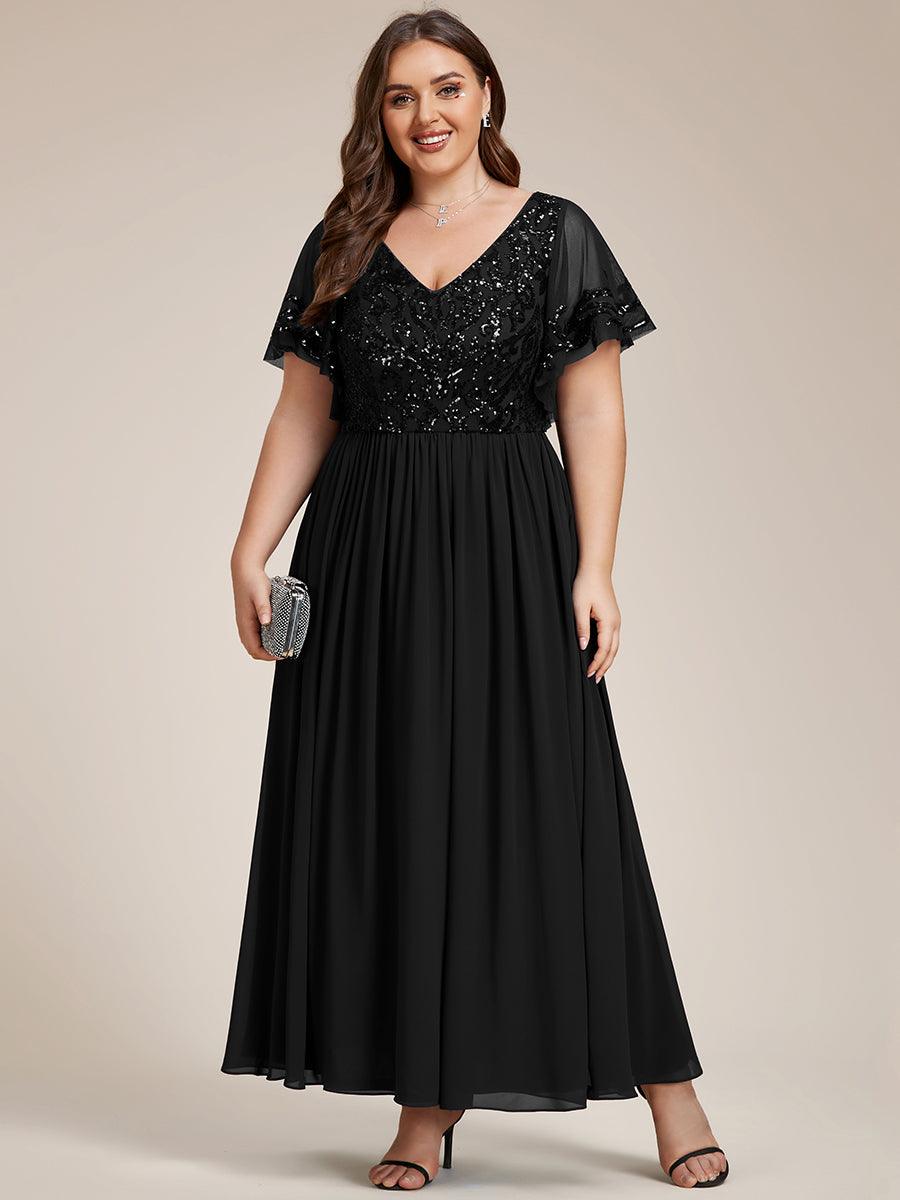 Robe Mère de la Mariée Col en V Manches Courtes Corsage à Paillettes Grande Taille #Couleur_Bordeaux Robe Mère de la Mariée Col en V Manches Courtes Corsage à Paillettes Grande Taille