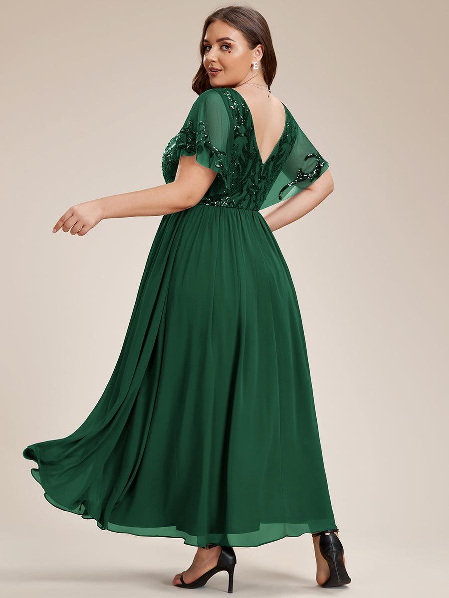 Robe Mère de la Mariée Col en V Manches Courtes Corsage à Paillettes Grande Taille #Couleur_Bordeaux Robe Mère de la Mariée Col en V Manches Courtes Corsage à Paillettes Grande Taille