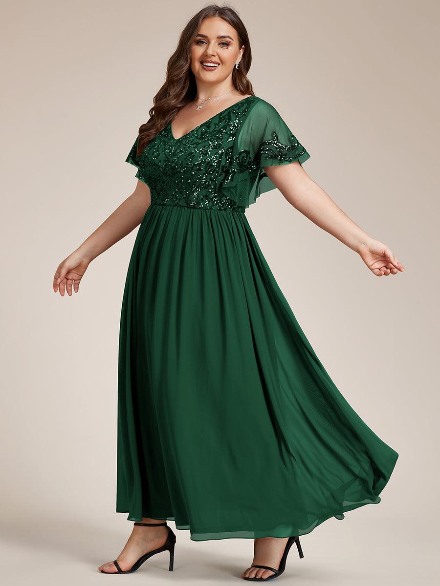 Robe Mère de la Mariée Col en V Manches Courtes Corsage à Paillettes Grande Taille #Couleur_Bordeaux Robe Mère de la Mariée Col en V Manches Courtes Corsage à Paillettes Grande Taille