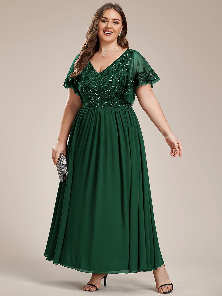 Robe Mère de la Mariée Col en V Manches Courtes Corsage à Paillettes Grande Taille #Couleur_Bordeaux Robe Mère de la Mariée Col en V Manches Courtes Corsage à Paillettes Grande Taille